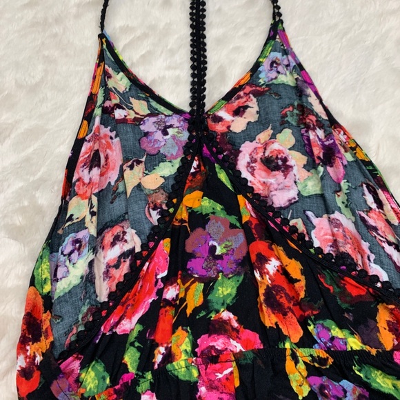 v neck neon floral/multicolor open back romper - Picture 3 of 8